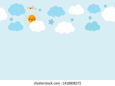 Cute hand drawn cartoon Sun and clouds on clear blue sky. Cheerful background for kids.