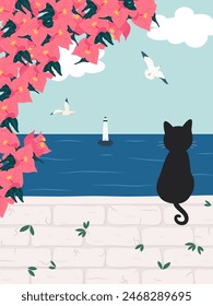 cute hand drawn cartoon sunny day vertical scene with black cat watching the sea summertime traditional mediterranean landscape vector illustration