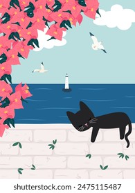 cute hand drawn cartoon sunny day vertical scene with black cat sleeping, sea in summertime traditional mediterranean landscape vector illustration