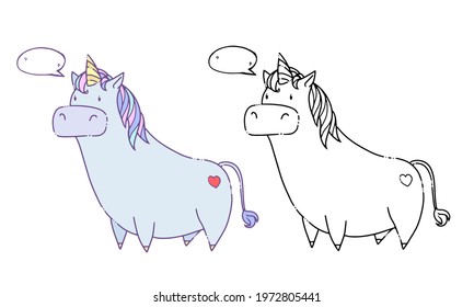 Cute hand drawn cartoon unicorn with speech bubble. Vector illustration for designing baby clothes, kid print, posters, stickers, books. Coloring page with color option.