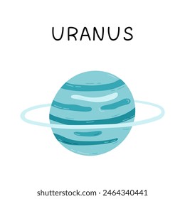 Cute hand drawn cartoon Uranus. Ice planet of Solar System and Galaxy. Childish simple doodle isolated on white. Astronomy celestial body for kids education, outer space infographic, astrology design