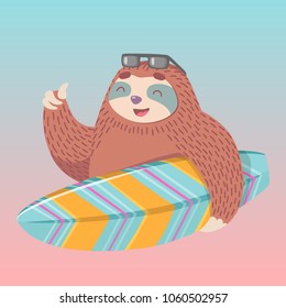 cute hand drawn cartoon vector sloth with surfing board. unique hand drawn colorful animal illustration. summer vacation concept