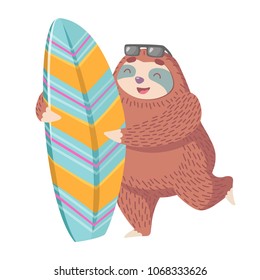 cute hand drawn cartoon vector sloth with surfing board. unique hand drawn colorful animal illustration. summer vacation concept