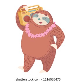 cute hand drawn cartoon vector sloth with flower garland and retro tape player. colorful animal illustration