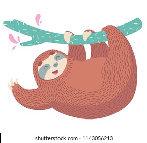 cute hand drawn cartoon vector sloth with wreath of tropical leaves and flower. colorful animal illustration