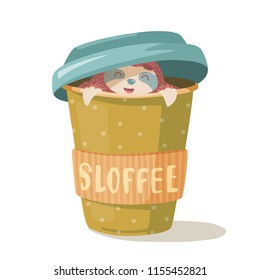 cute hand drawn cartoon vector sloth hugs a cup of cofee. colorful animal illustration