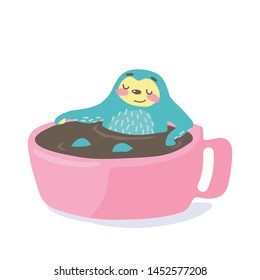 cute hand drawn cartoon vector sloth hugs in a cup of cofee. colorful animal illustration