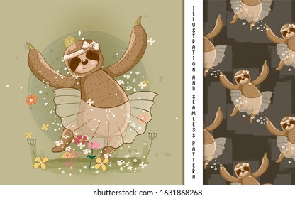 cute hand drawn cartoon vector sloth ballerina. vector print, baby shower. Can be used for kids/babies shirt design, fashion print design,t-shirt, kids wear,textile design,celebration card