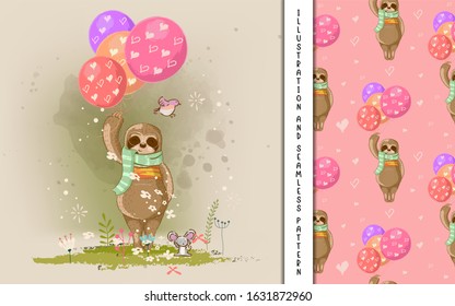 cute hand drawn cartoon vector sloth with balloons. vector print, baby shower. adorable, animal, art, baby, baby shower, background, card, cartoon, character, child, childish, children, clip art, 