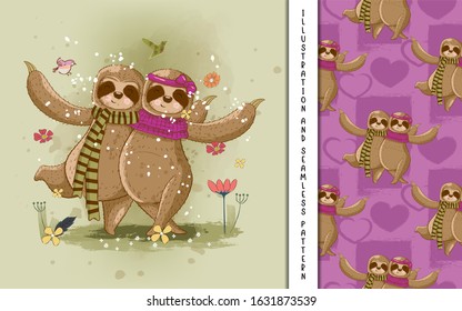 cute hand drawn cartoon vector sloth couple. vector print, baby shower. Can be used for kids/babies shirt design, fashion print design,t-shirt, kids wear,textile design,celebration card/ greeting card