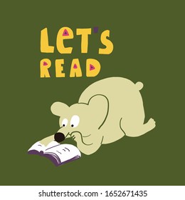 El portador de dibujos animados a mano Bear leyendo un libro con fondo verde. Leamos el signo. Impresión para textiles, biblioteca, guardería, ropa infantil, afiche, postal. 