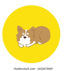 Cute hand drawn cartoon vector corgi dog in Yellow Circle. Print for textile, nursery, kids apparel, poster, postcard.