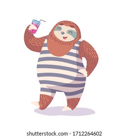cute hand drawn cartoon vector sloth in bathing suit with coctail. colorful animal illustration.
