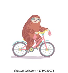 cute hand drawn cartoon vector sloth riding a bicycle. colorful animal illustration