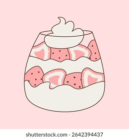 Cute hand drawn cartoon vector illustration with glass with strawberry with whipped cream on pink background	