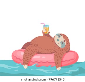 cute hand drawn cartoon vector sloth in inflatable tube with coctail. colorful animal illustration