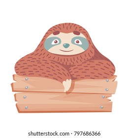 cute hand drawn cartoon vector sloth with wooden banner. colorful animal illustration