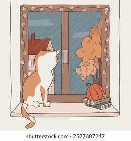 cute hand drawn cartoon white and orange cat at the window in a rainy autumn day fall season vector illustration