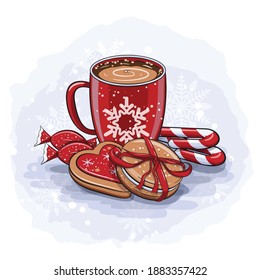 Cute hand drawn cartoon winter card with red cocoa cup and winter sweets: candy cane, bonbon, biscuit, heart cookie. Vector illustration.