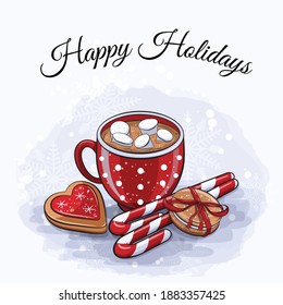 Cute hand drawn cartoon winter card with red cocoa cup and winter sweets. Vector illustration. Happy Holidays quote.