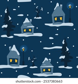 cute hand drawn cartoon wintertime seamless vector pattern background illustration with village in the snow
