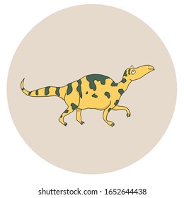 Cute hand drawn cartoon Yellow Dinosaur in Circle. Print for textile, nursery, kids apparel, poster, postcard. Vector Illustration