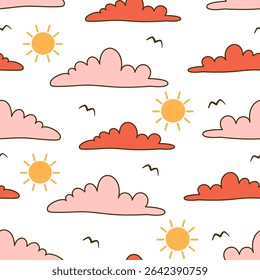 cute hand drawn cartoon yellow sun and pink and red clouds seamless vector pattern background illustration	