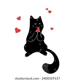 Cute hand drawn cat is biting a heart. Valentine’s Day card. Vector illustration