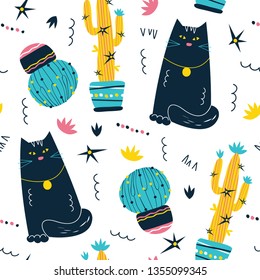 Cute hand drawn cat and cactus seamless pattern. Exotic, tropical background. Scandinavian cartoon doodle style. Bright catchy background, for wrapping paper, scrapbooking, wallpaper, children's print