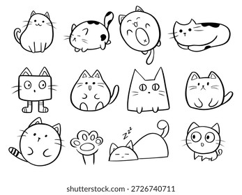 bonitinho mão desenhado gato rabisca em preto e branco vetor estilo conjunto.