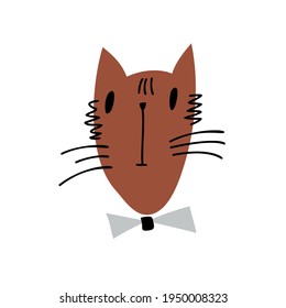 Diseño de vectores de caracteres de cara de gato dibujado a mano. Ilustración escandinava aislada en un fondo blanco. Elementos de diseño de camisetas, textiles para el hogar, papel de envoltura, textiles para niños.