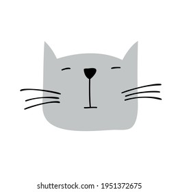 Diseño de vectores de caracteres de cara de gato dibujado a mano. Ilustración escandinava aislada en un fondo blanco. Elementos de diseño de camisetas, textiles para el hogar, papel de envoltura, textiles para niños.