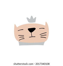 Cute hand drawn Cat face with crown. Character Vector Design. Scandinavian illustration isolated on a white background. Design element of t-shirt, home textiles, wrapping paper, children textiles.