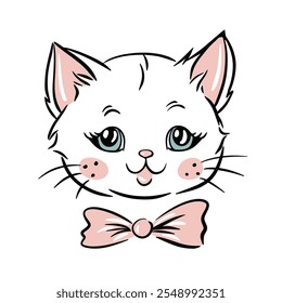 Cute hand drawn cat face with soft pink bow, kids design