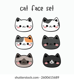 Cute hand drawn cat face set, Collection kawaii kitty face cartoon doodle for kids