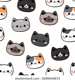 Cute hand drawn cat face flat style cartoon on white seamless pattern background