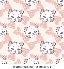 Cute hand drawn cat faces on pink background, kitten pattern