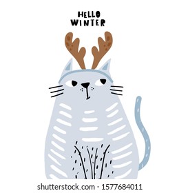 Cute hand drawn cat in festive deer horns. Cartoon vector illustration in scandinavian style. Ready design for greeting card, posters, apparel