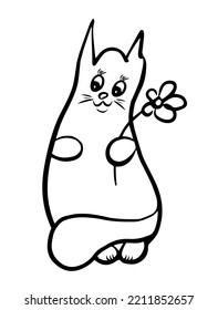 Cute hand drawn cat with flower. Funny cat for greeting cards. Design concept for children. Vetor, Illustration.