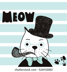 Cute hand drawn cat with hat. Gentleman cat. T-shirt design, striped background. Vector illustration