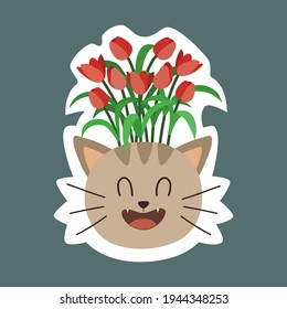 Una linda cabeza de gato dibujada a mano con flores de tulipán. Pegatina de animales, gatito lindo.