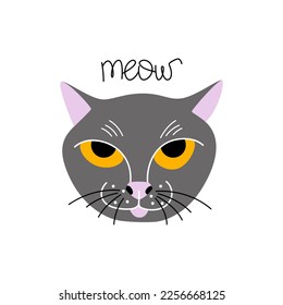 Cute hand drawn cat head isolated. Vector illustration of animal pet face