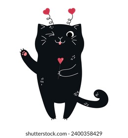 Cute hand drawn cat with a heart shaped lollipop is smiling with a tongue and winking. Valentine’s Day greeting card. Vector illustration