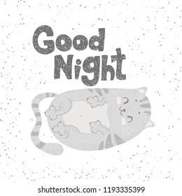 Cute hand drawn cat with hand lettering good night. Cartoon character.