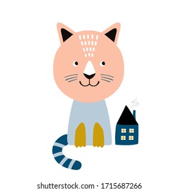 Cute hand drawn cat with little house. Cartoon vector illustration. Design for greeting card, posters, apparel