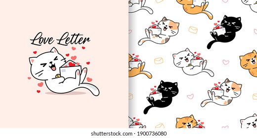 Cute hand drawn cat with love letter seamless pattern and illustration