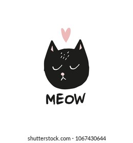 Cute hand drawn cat and meow sign. Nursery postcard template. Decor element. Clipart, isolated vector illustration.