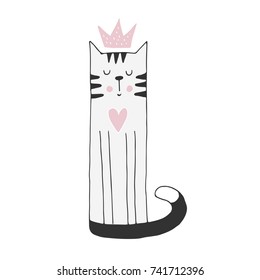 Cute hand drawn cat nursery poster in Scandinavian style. Monochrome vector illustration.
