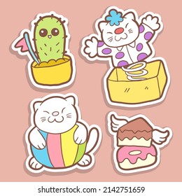 Cute hand drawn cat and objects stickers set