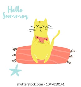 Cute hand drawn cat on a beach eating watermelon. Summer time. Isolated scandinavian cartoon illustration.